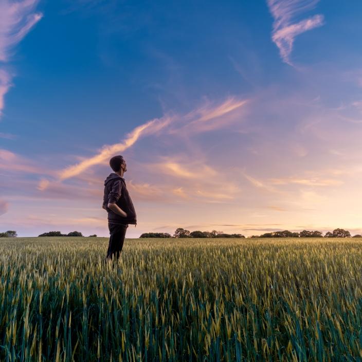 Ein Mann steht in einem Feld und schaut ins Weite. Der Himmel zeigt vereinzelt Wölkchen und ist zart violett gefärbt