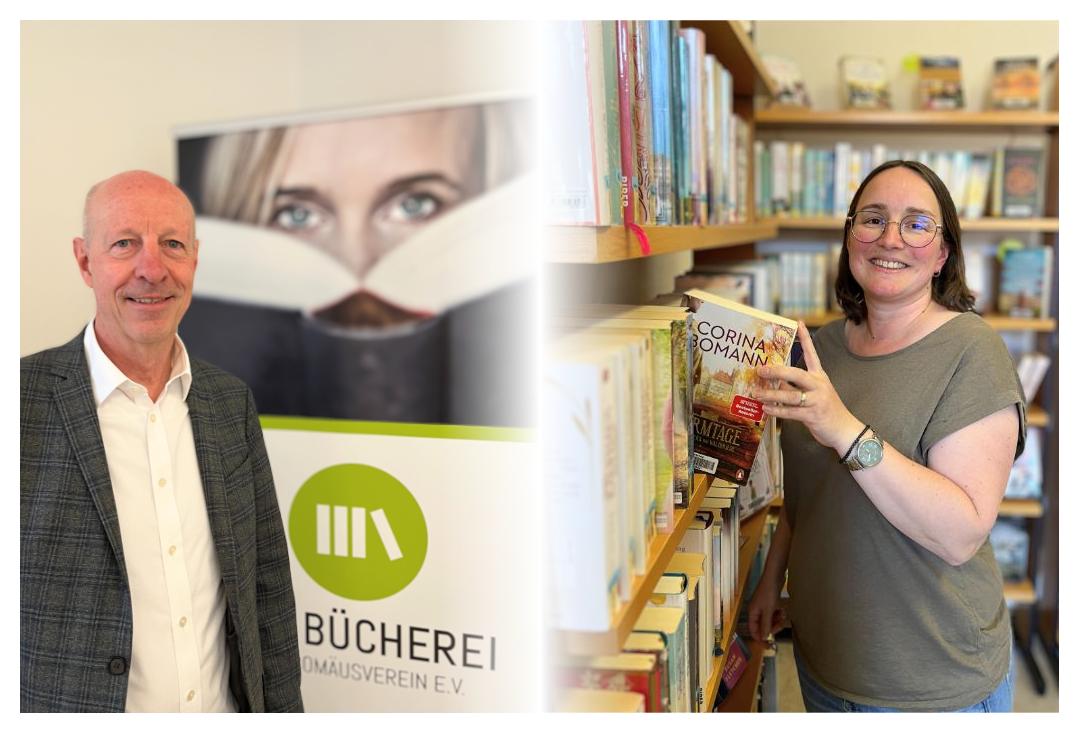 Links Mann vor Bücherei-Banner; rechts Frau in Bücherei, greift Buch aus Regal.    (Alt-Text erstellt mit KI-Unterstützung)